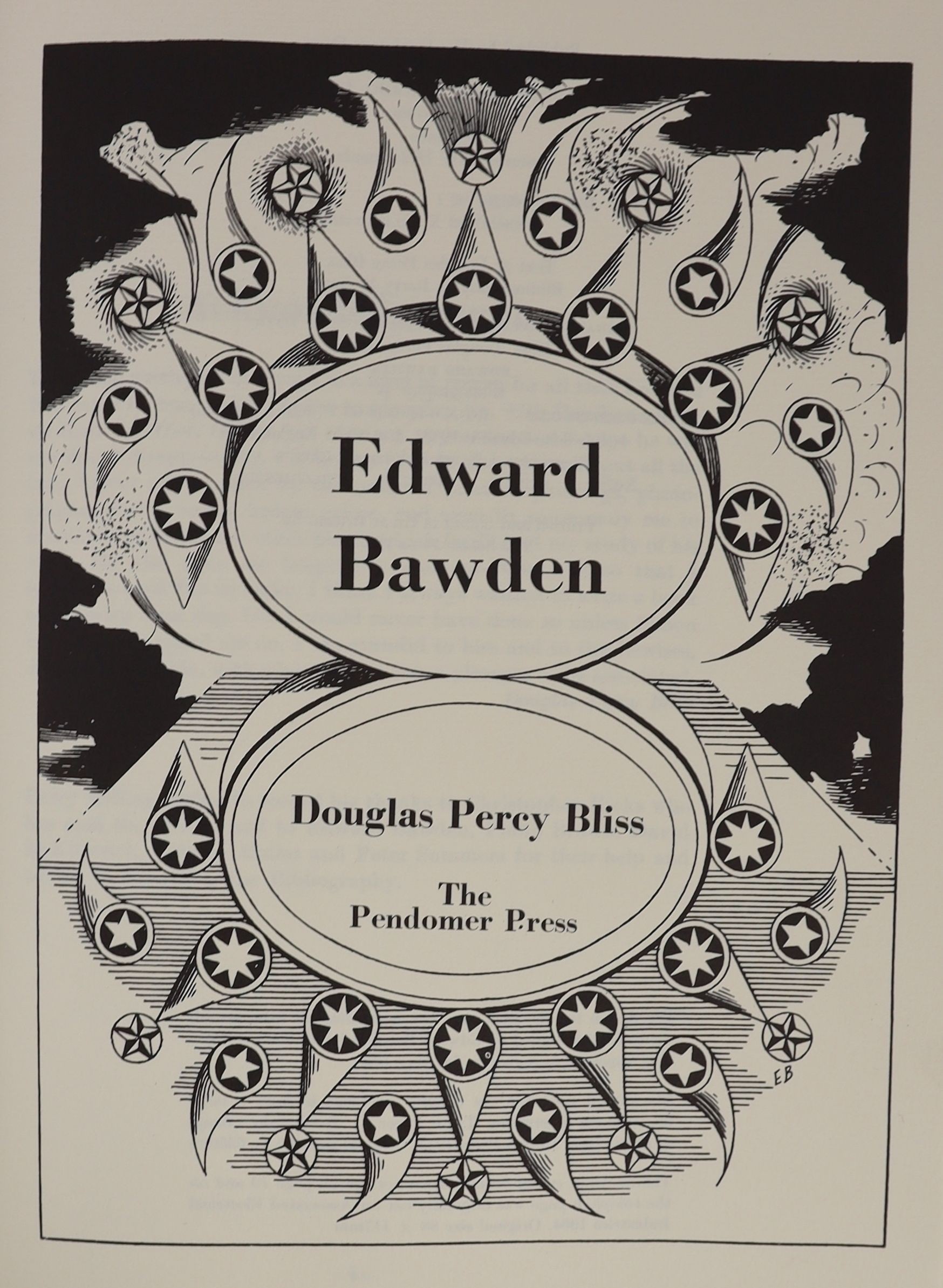 Bliss, Douglas Perry - Edward Bawden, 1st edition, one of 200 de luxe copies, 4to, original black morocco-backed patterned boards, with a separate four-colour lithograph, signed by the artist, The Pendomer Press, Godalmi